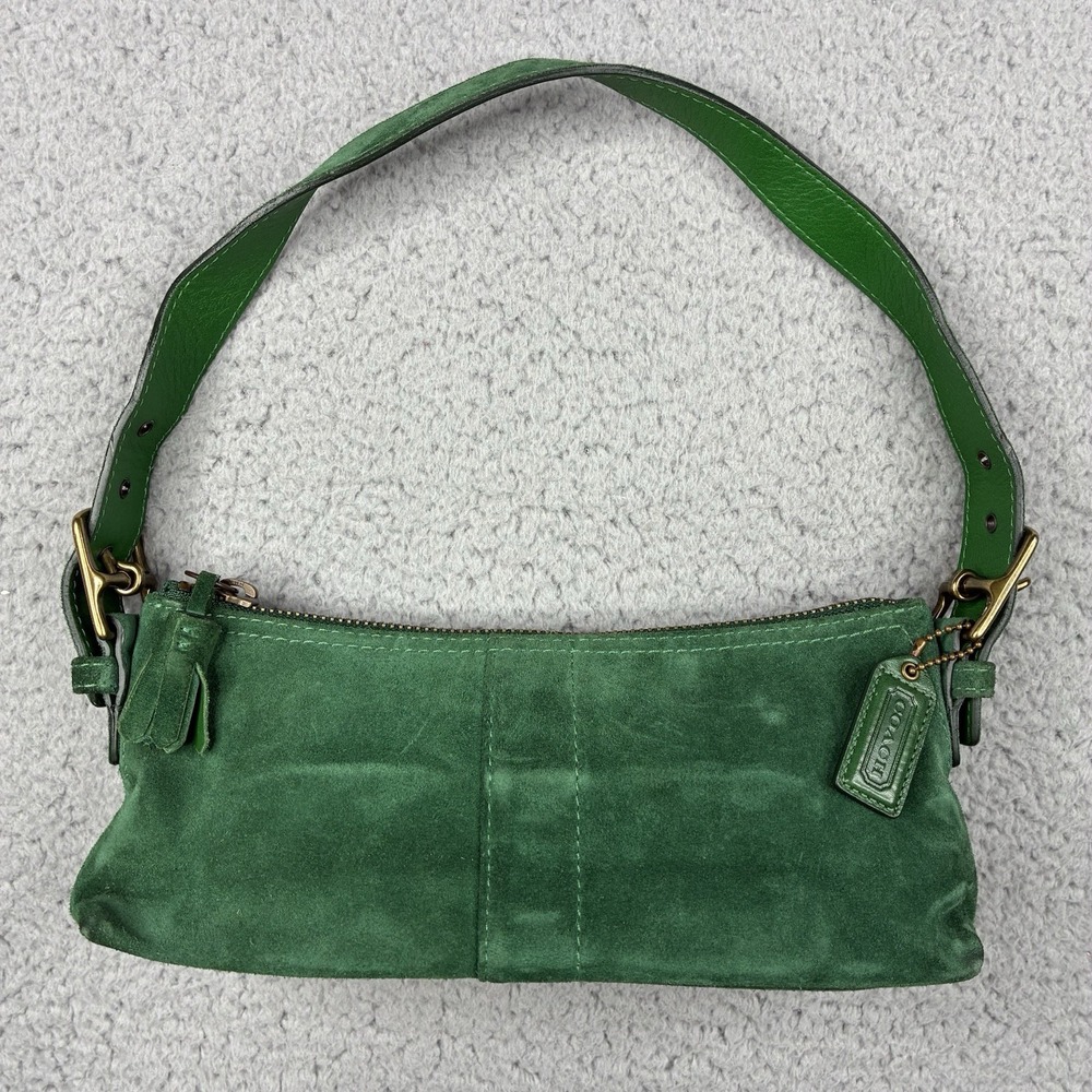 Vintage Coach Hamptons Demi 7470 Green Suede Baguette Shoulder Bag Y2K